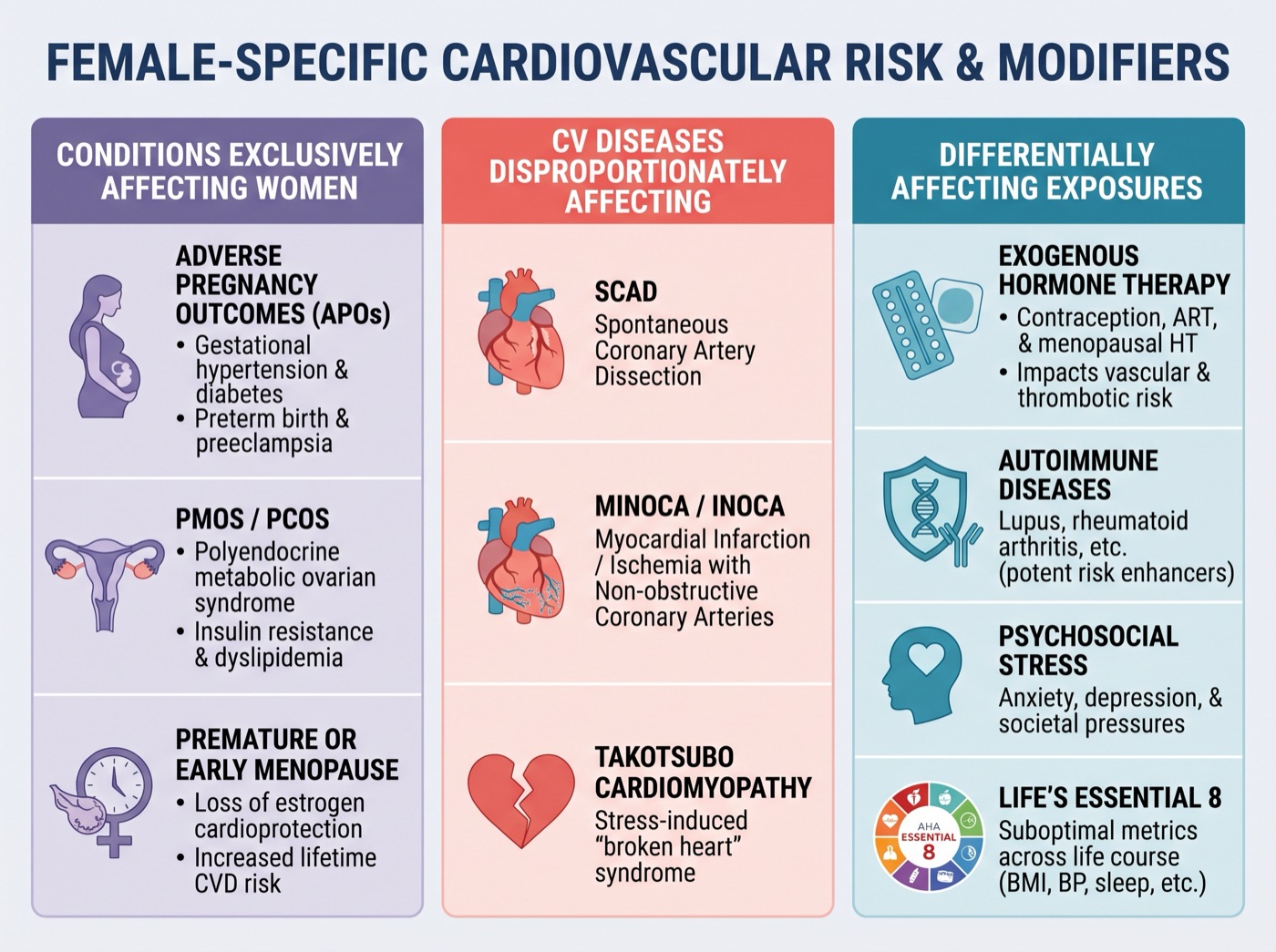 Female-specific cardiovascular risk and modifiers: conditions exclusively affecting women, cardiovascular diseases disproportionately affecting women, and exposures that affect women differently